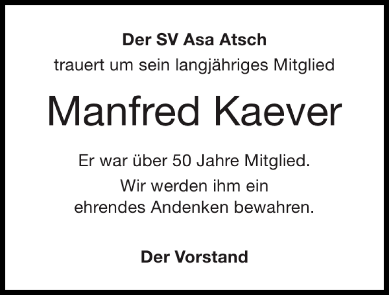  Traueranzeige für Manfred Kaever vom 22.12.2013 aus Super Sonntag / Super Mittwoch