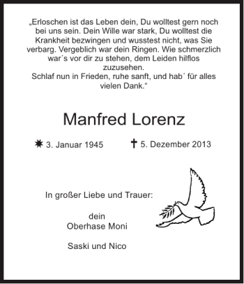 Traueranzeige von Manfred Lorenz von Super Sonntag / Super Mittwoch