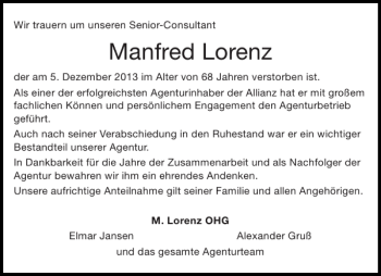 Traueranzeige von Manfred Lorenz von Aachener Zeitung / Aachener Nachrichten