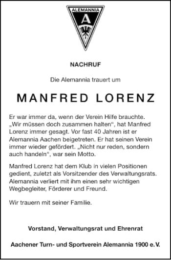 Traueranzeige von ManfredLorenz  von Aachener Zeitung / Aachener Nachrichten