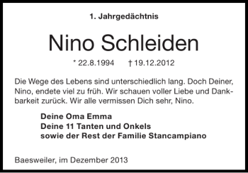 Traueranzeige von Nino Schleiden von Super Sonntag / Super Mittwoch