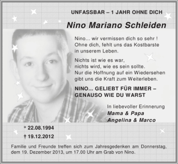Traueranzeige von Nino Mariano Schleiden von Super Sonntag / Super Mittwoch