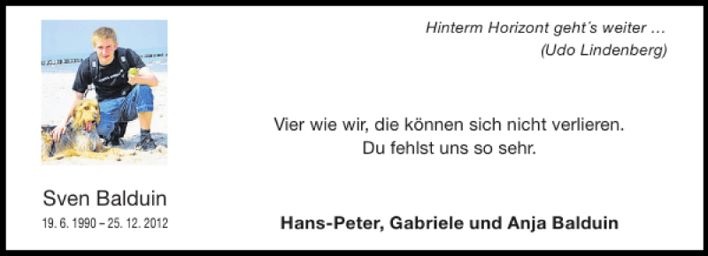  Traueranzeige für Sven Balduin vom 28.12.2013 aus Aachener Zeitung / Aachener Nachrichten