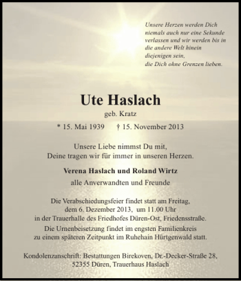 Traueranzeige von Ute Haslach von Super Sonntag / Super Mittwoch