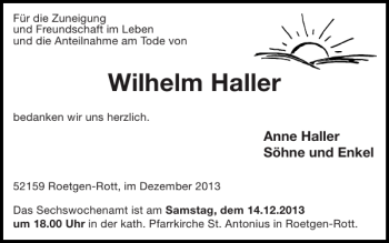 Traueranzeige von Wilhelm Haller von Super Sonntag / Super Mittwoch