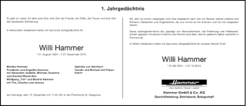 Traueranzeige von Willi Hammer Willi Hammer von Aachener Zeitung / Aachener Nachrichten