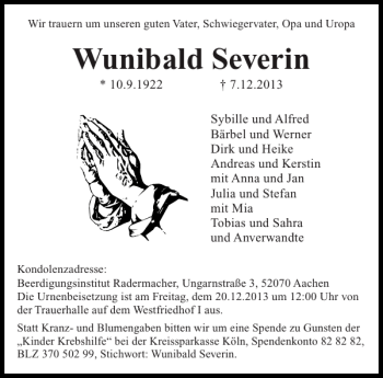 Traueranzeige von Wunibald Severin von Aachener Zeitung / Aachener Nachrichten
