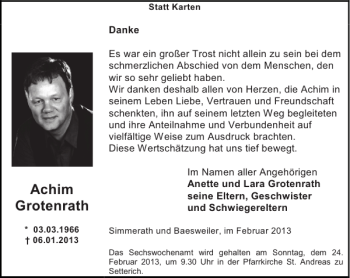 Traueranzeige von Achim Grotenrath von Super Sonntag / Super Mittwoch