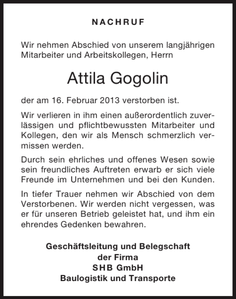  Traueranzeige für Attila Gogolin vom 27.02.2013 aus Super Sonntag / Super Mittwoch