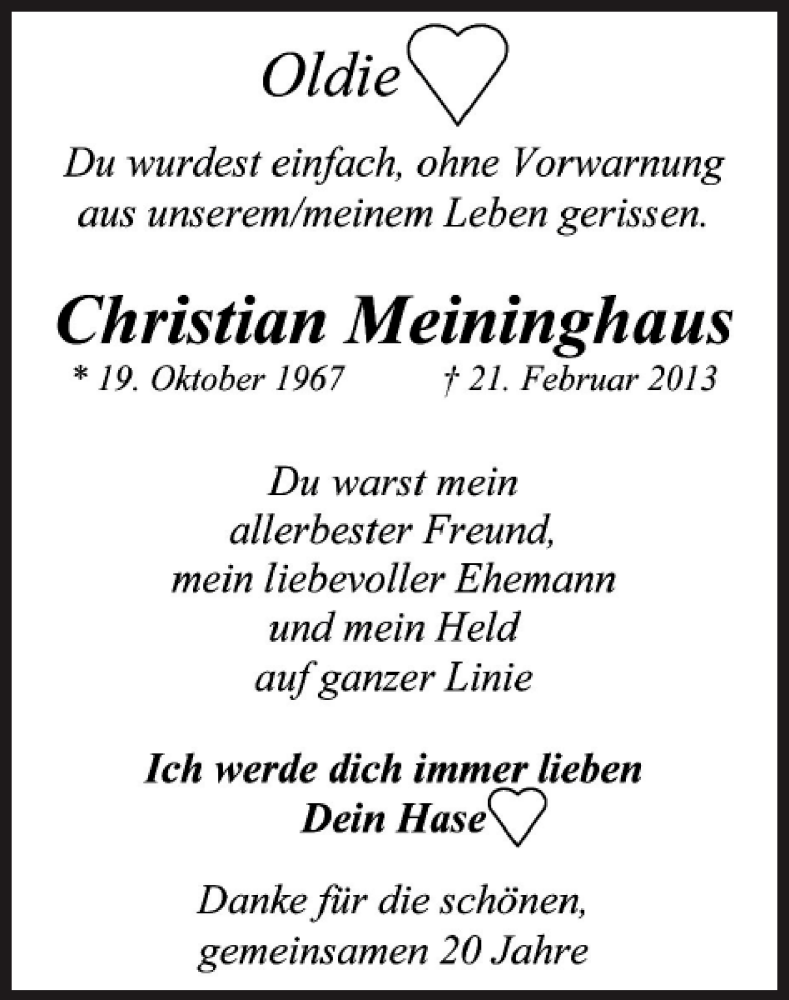  Traueranzeige für Christian Meininghaus vom 24.02.2013 aus Super Sonntag / Super Mittwoch