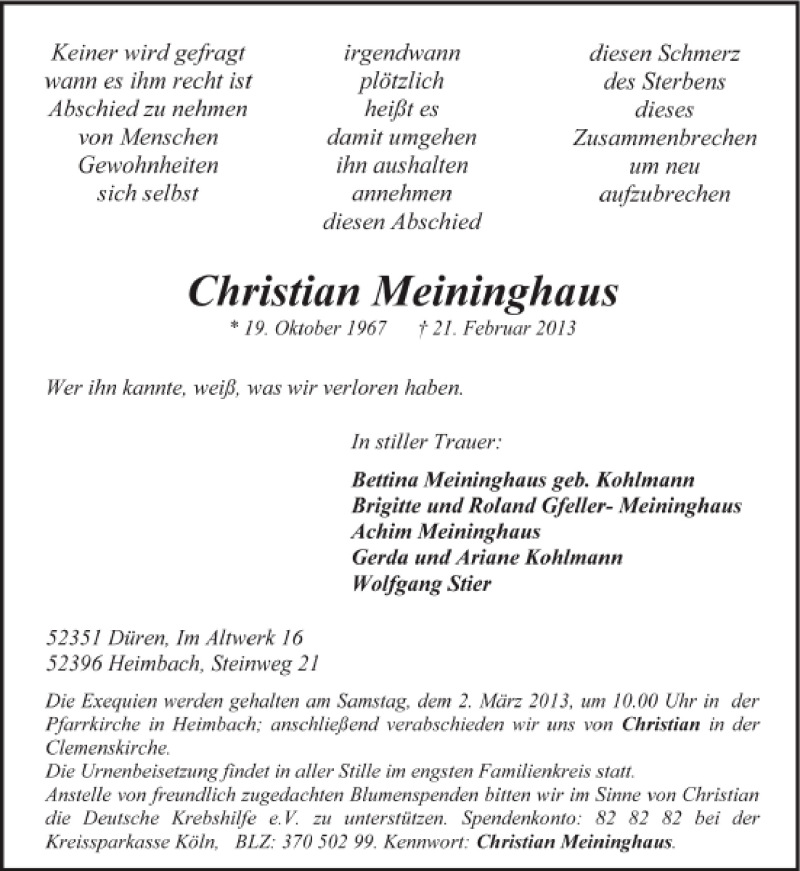  Traueranzeige für Christian Meininghaus vom 27.02.2013 aus Aachener Zeitung / Aachener Nachrichten