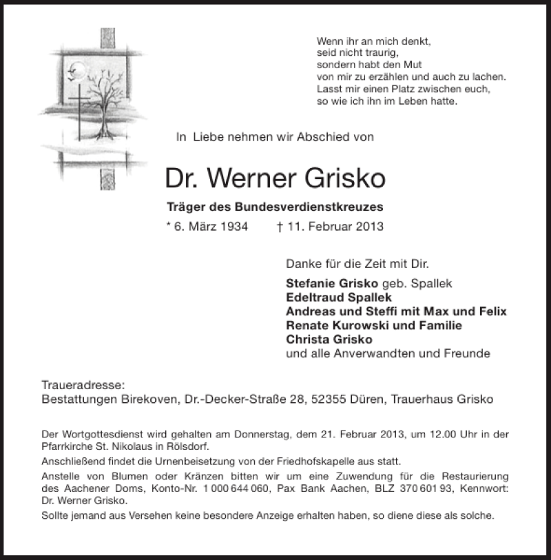  Traueranzeige für Dr. Werner Grisko vom 16.02.2013 aus Aachener Zeitung / Aachener Nachrichten
