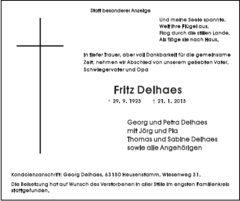 Traueranzeige von Fritz Delhaes z Delhaes von Aachener Zeitung / Aachener Nachrichten