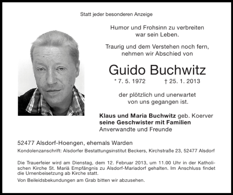  Traueranzeige für Guido Buchwitz vom 10.02.2013 aus Super Sonntag / Super Mittwoch