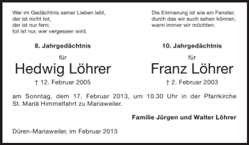 Traueranzeige von Hedwig Löhrer Franz Löhrer von Super Sonntag / Super Mittwoch