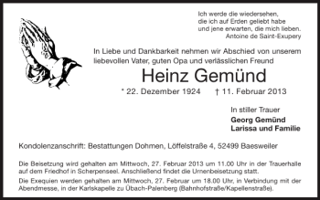 Traueranzeige von Heinz Gemünd von Super Sonntag / Super Mittwoch