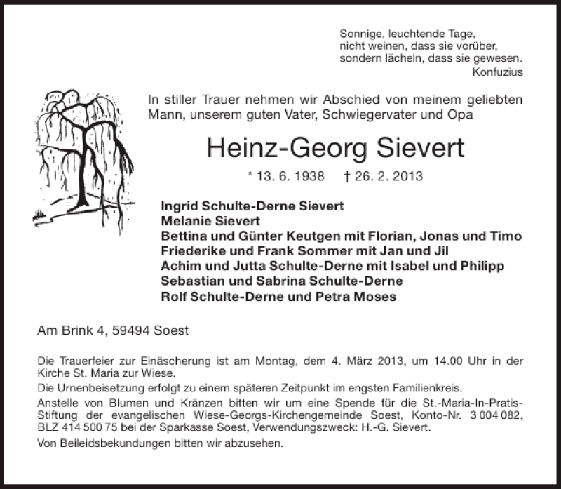  Traueranzeige für Heinz-Georg Sievert vom 28.02.2013 aus Aachener Zeitung / Aachener Nachrichten