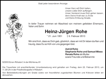 Traueranzeige von Heinz-Jürgen Rohe von Super Sonntag / Super Mittwoch