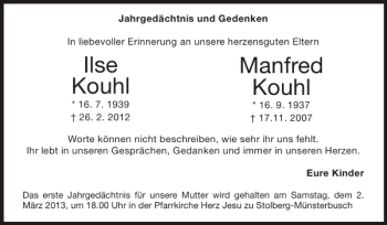 Traueranzeige von Ilse Kouhl Manfred Kouhl von Super Sonntag / Super Mittwoch