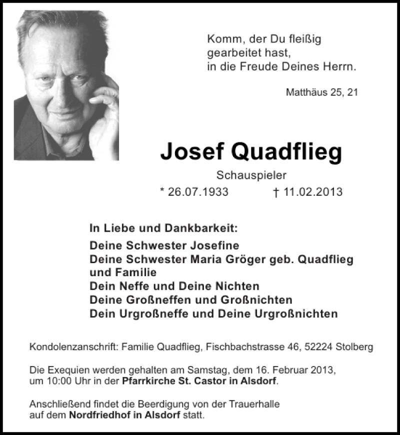  Traueranzeige für Josef Quadflieg vom 14.02.2013 aus Aachener Zeitung / Aachener Nachrichten