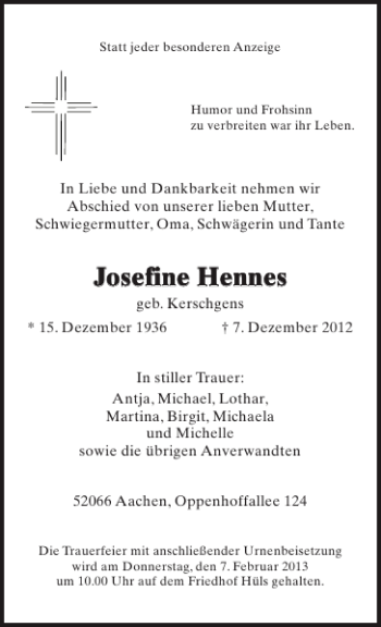 Traueranzeige von Josefine Hennes Josefine Hennes von Aachener Zeitung / Aachener Nachrichten