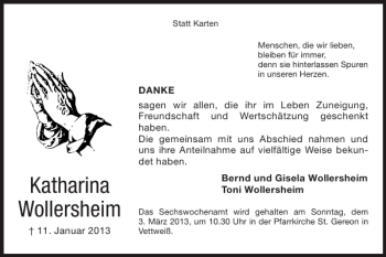 Traueranzeige von Katharina Wollersheim von Super Sonntag / Super Mittwoch