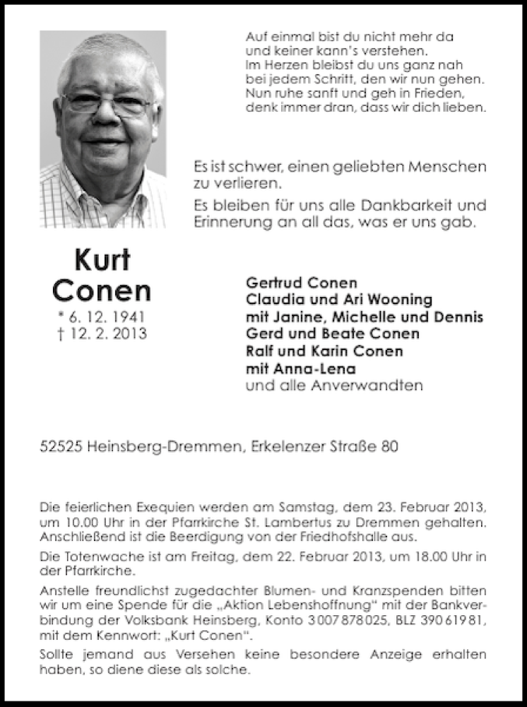  Traueranzeige für Kurt Conen vom 17.02.2013 aus Super Sonntag / Super Mittwoch