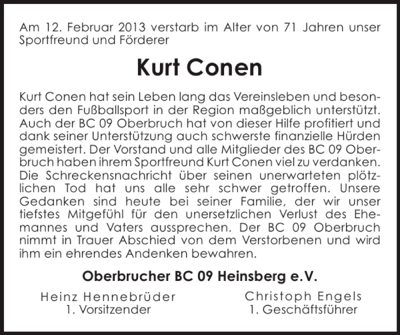  Traueranzeige für Kurt Conen vom 17.02.2013 aus Super Sonntag / Super Mittwoch