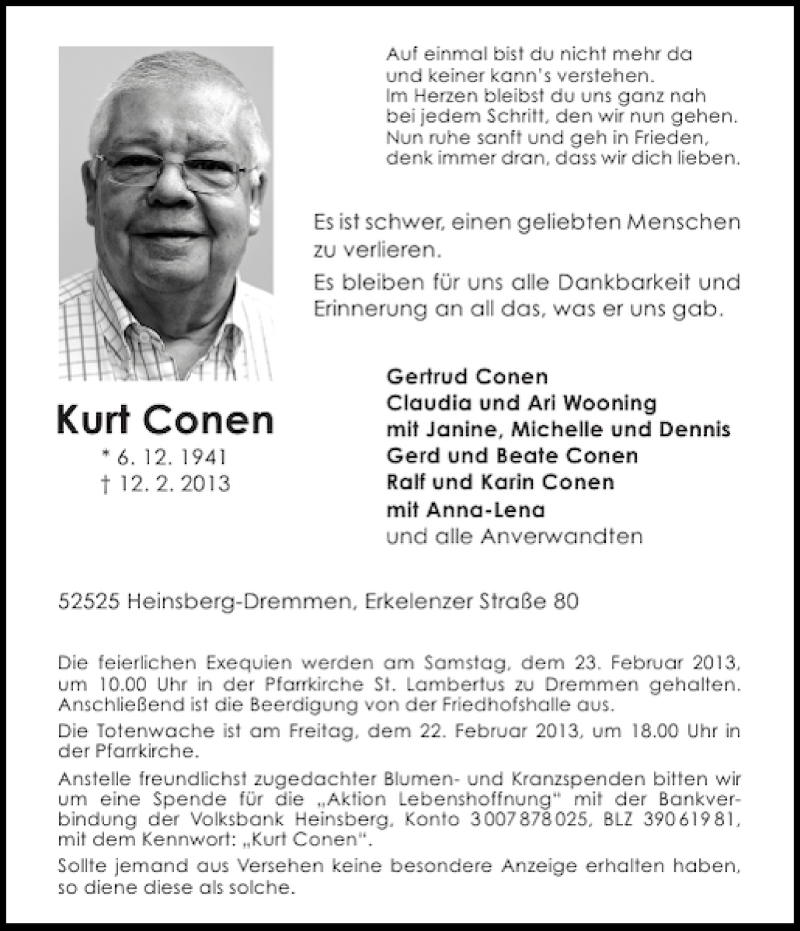  Traueranzeige für Kurt Conen vom 16.02.2013 aus Aachener Zeitung / Aachener Nachrichten