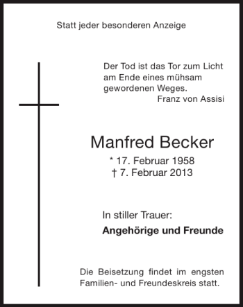 Traueranzeige von Manfred Becker von Super Sonntag / Super Mittwoch