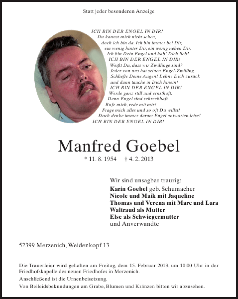  Traueranzeige für Manfred Goebel vom 10.02.2013 aus Super Sonntag / Super Mittwoch