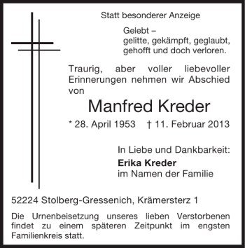 Traueranzeige von Manfred Kreder von Super Sonntag / Super Mittwoch