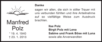Traueranzeige von Manfred Polz von Super Sonntag / Super Mittwoch