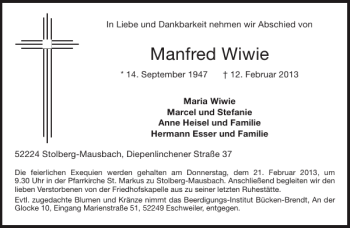 Traueranzeige von Manfred Wiwie von Aachener Zeitung / Aachener Nachrichten