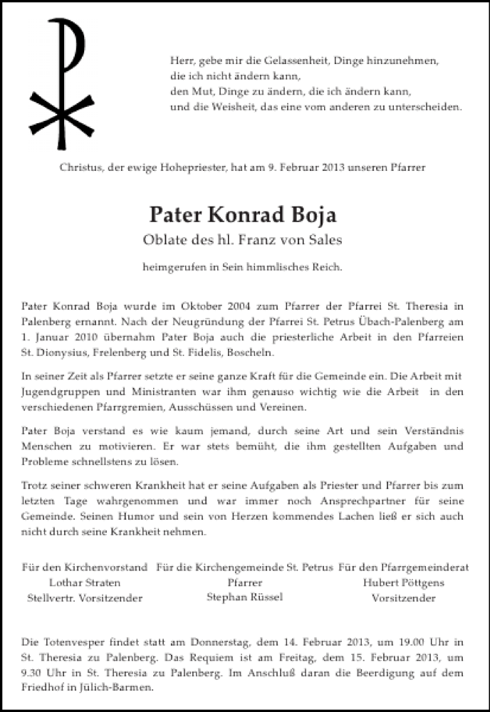  Traueranzeige für Pater Konrad Boja vom 13.02.2013 aus Aachener Zeitung / Aachener Nachrichten