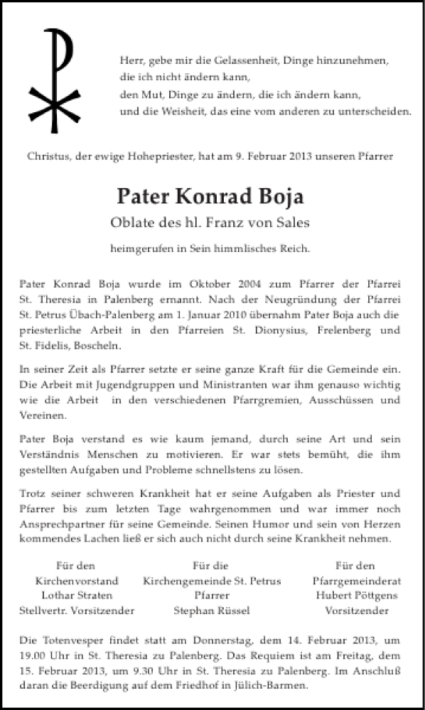  Traueranzeige für Pater Konrad Boja vom 13.02.2013 aus Super Sonntag / Super Mittwoch