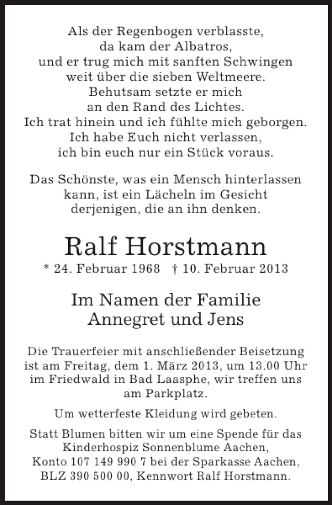  Traueranzeige für Ralf Horstmann vom 24.02.2013 aus Super Sonntag / Super Mittwoch