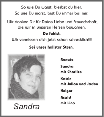 Traueranzeige von Sandra  von Super Sonntag / Super Mittwoch