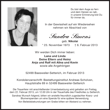 Traueranzeige von Sandra Simons von Super Sonntag / Super Mittwoch