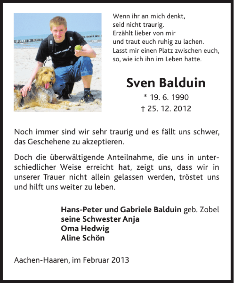  Traueranzeige für Sven Balduin vom 02.02.2013 aus Aachener Zeitung / Aachener Nachrichten