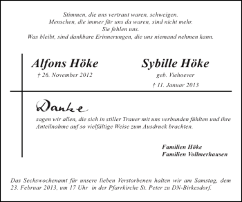 Traueranzeige von Sybille Höke Alfons Höke von Super Sonntag / Super Mittwoch