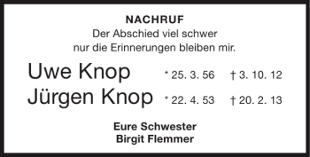 Traueranzeige von Uwe Knop Jürgen Knop von Super Sonntag / Super Mittwoch