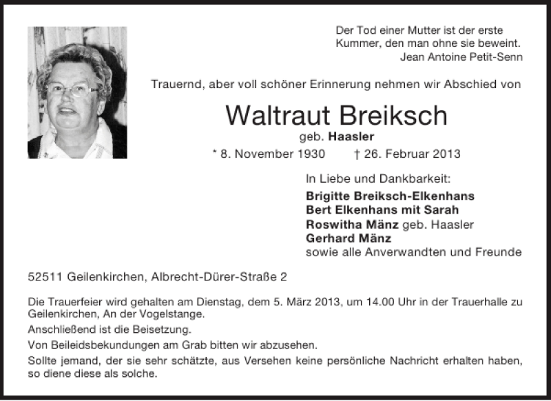  Traueranzeige für Waltraut Breiksch vom 28.02.2013 aus Aachener Zeitung / Aachener Nachrichten