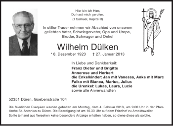 Traueranzeige von Wilhelm Dülken von Aachener Zeitung / Aachener Nachrichten