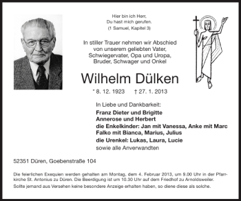 Traueranzeige von Wilhelm Dülken von Super Sonntag / Super Mittwoch