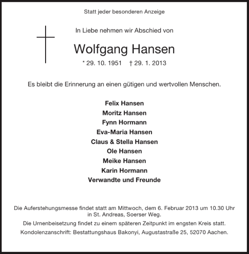  Traueranzeige für Wolfgang Hansen vom 02.02.2013 aus Aachener Zeitung / Aachener Nachrichten