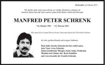 Traueranzeige von manfred peter schrenk von Super Sonntag / Super Mittwoch