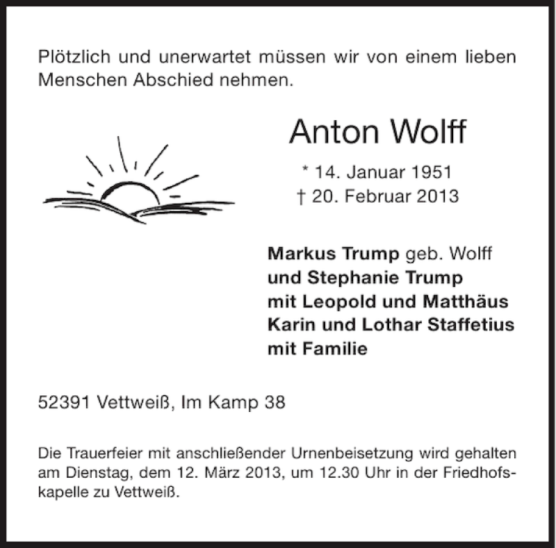  Traueranzeige für Anton Wolff vom 09.03.2013 aus Aachener Zeitung / Aachener Nachrichten