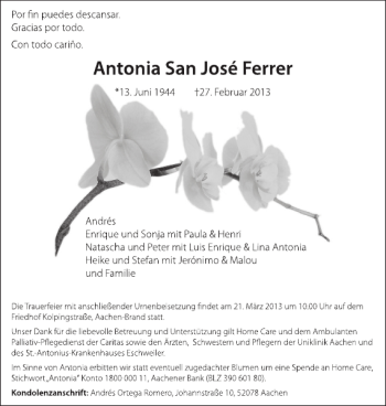 Traueranzeige von Antonia San José Ferrer von Aachener Zeitung / Aachener Nachrichten