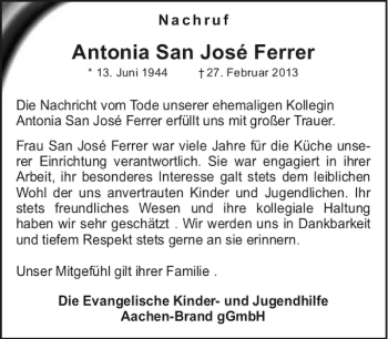 Traueranzeige von Antonia San José Ferrer von Aachener Zeitung / Aachener Nachrichten